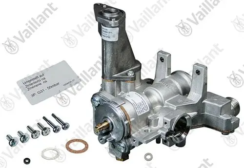 Vaillant Gasarmatur mit mehreren Befestigungsschrauben und Dichtungen, für Gasleitungen geeignet, auf hellem Hintergrund.